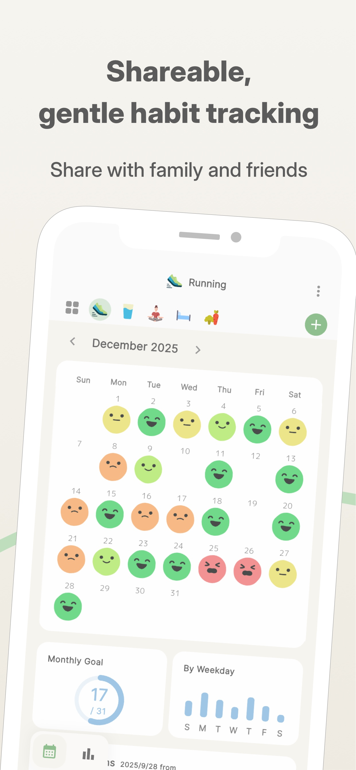 Habitomo habit calendar filled with stamps, shareable with family and friends