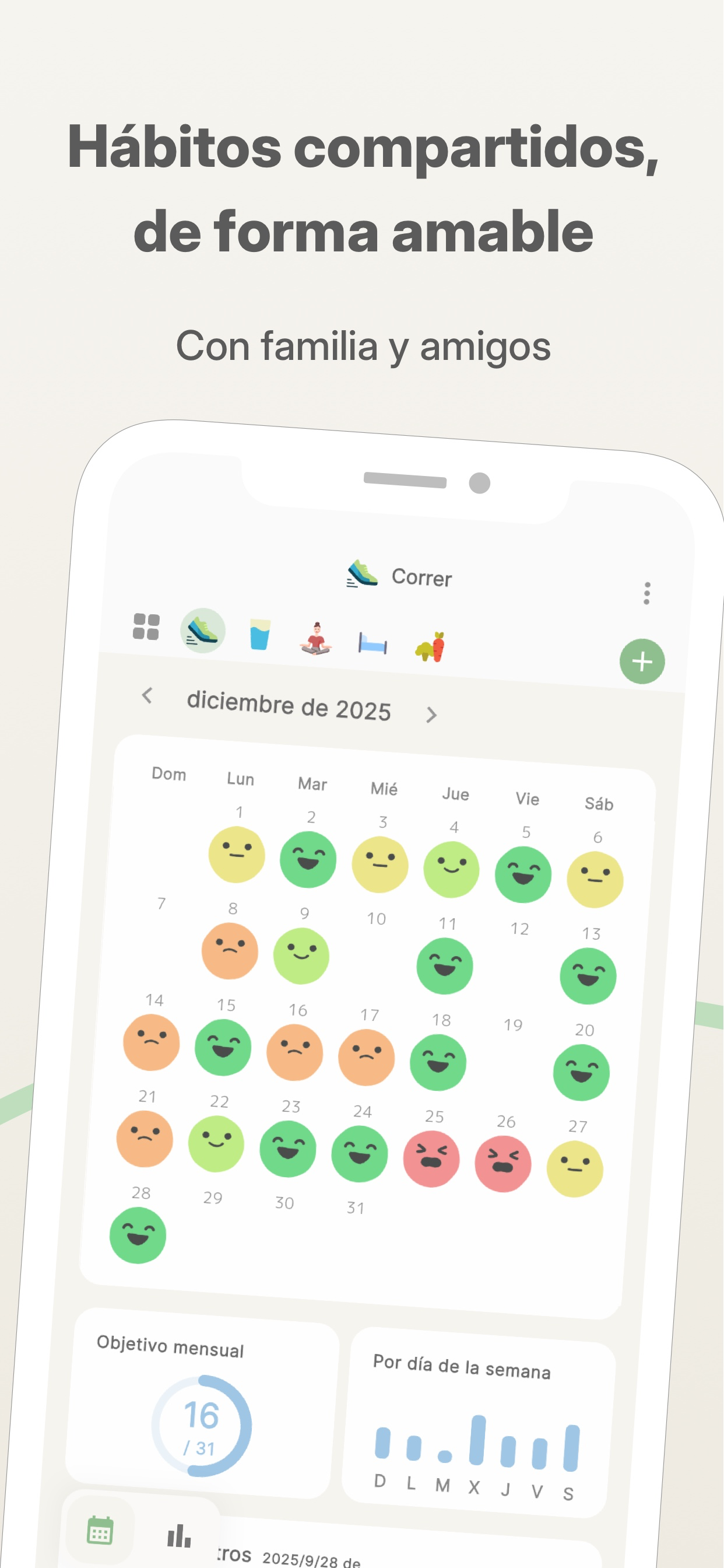 Calendario de hábitos de Habitomo con sellos, compartido con familia y amigos