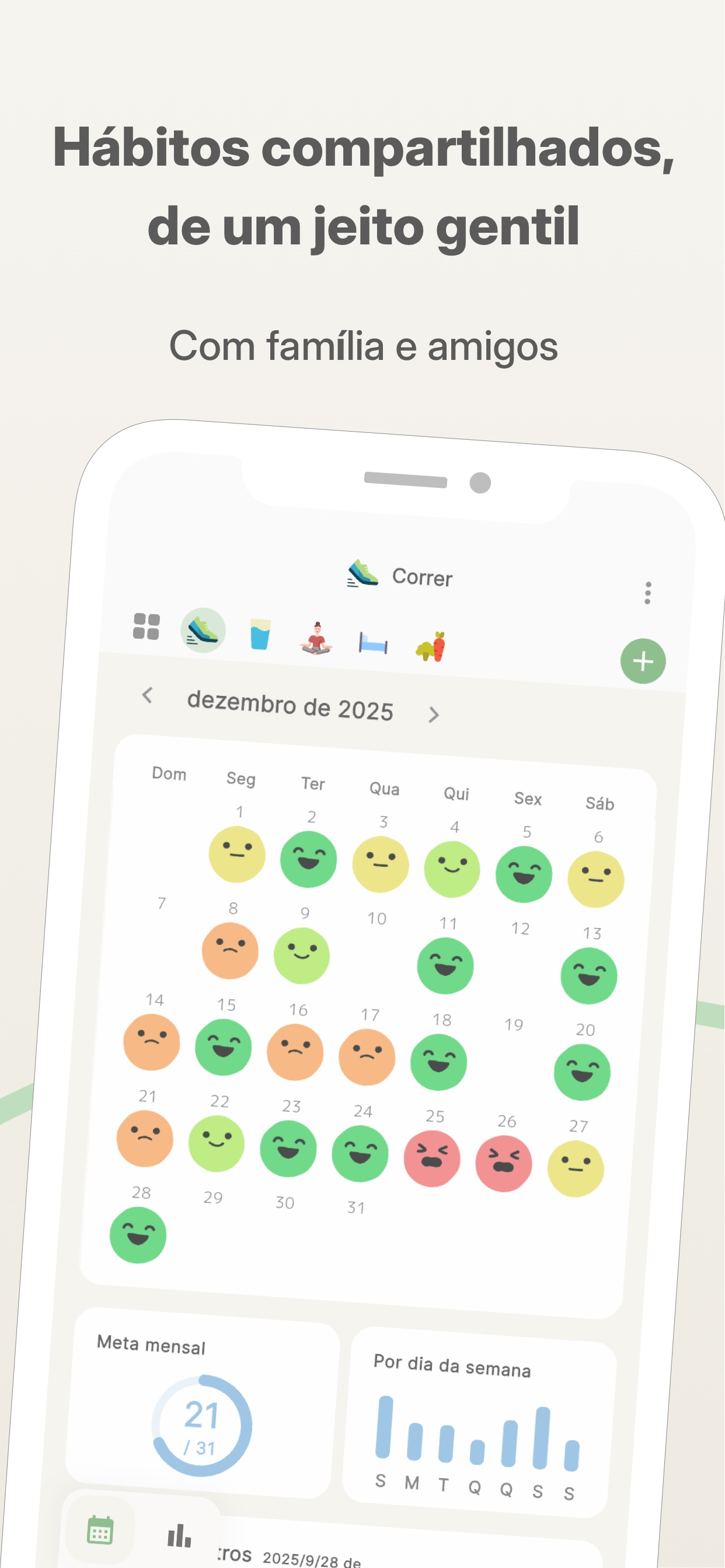 Calendário de hábitos do Habitomo com selos, compartilhado com família e amigos