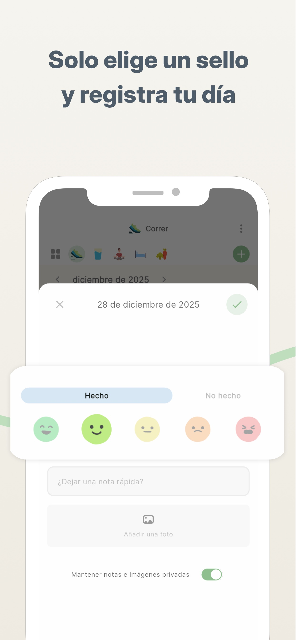 Registrar un hábito eligiendo un sello: hecho, un poquito u hoy descanso