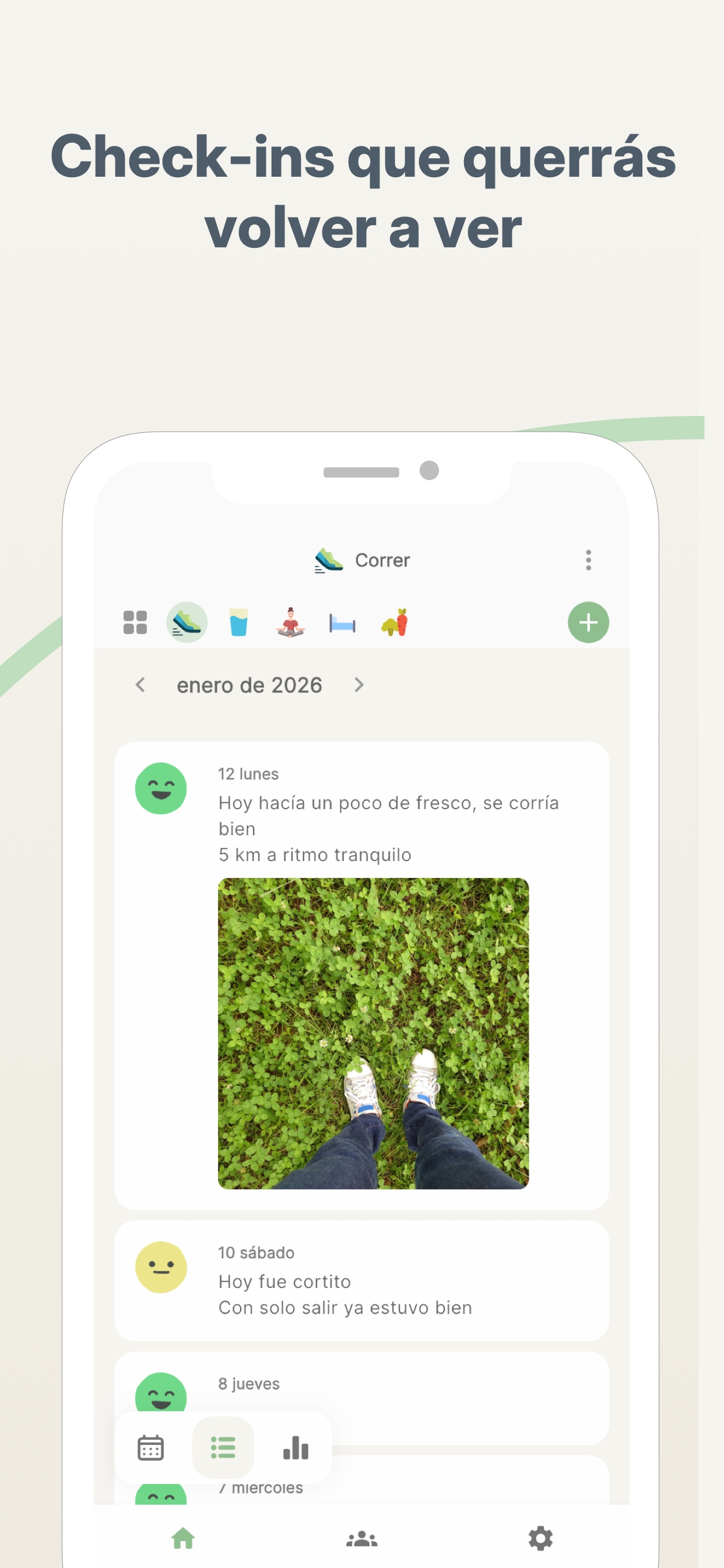 Cronología de hábitos con fotos y notas