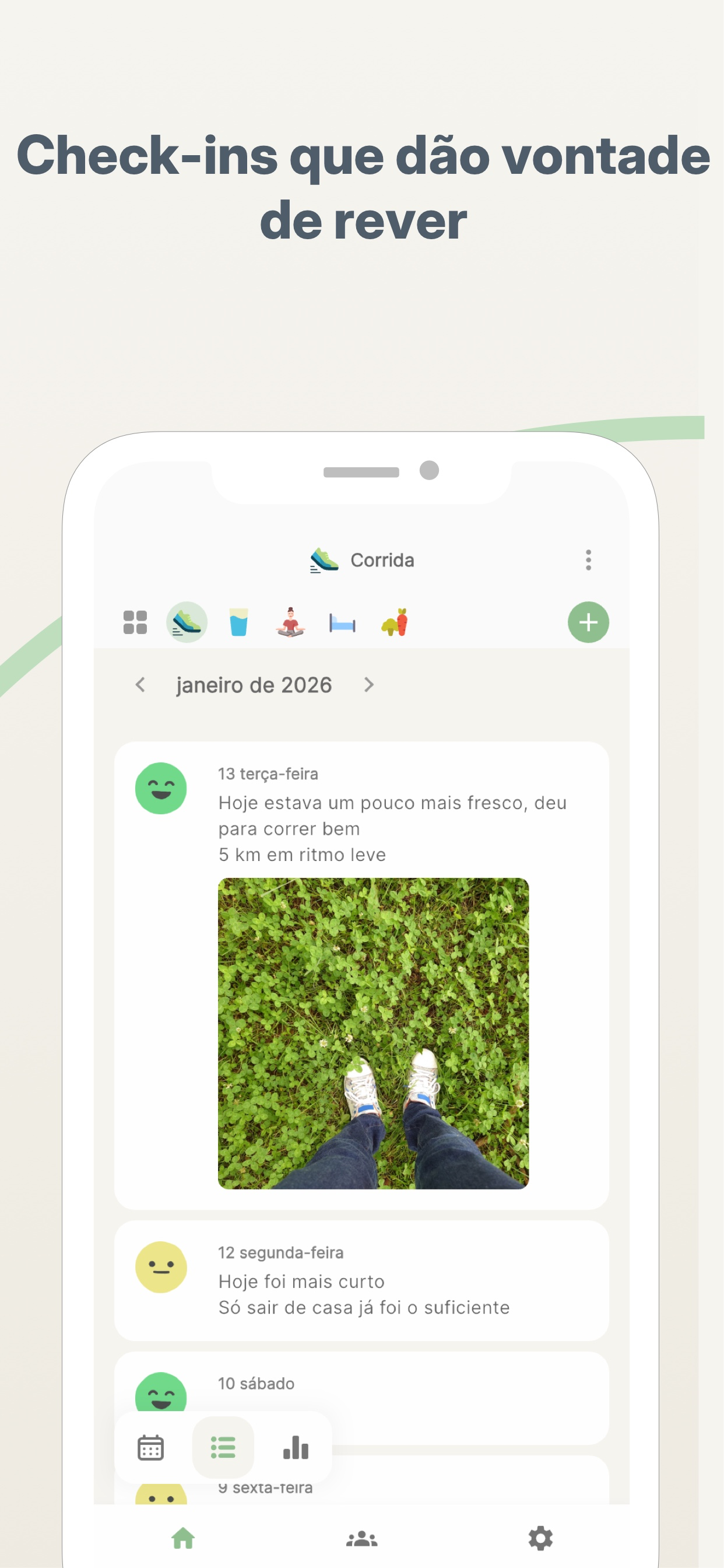 Linha do tempo de hábitos com fotos e notas